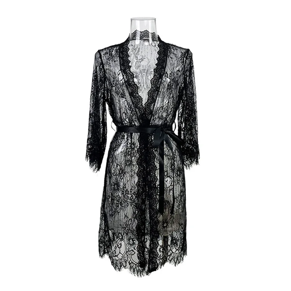 Women's Sexy Lace Robes Sexy Long Lingerie Soft Comfortable Sleepwear Nightwear Lady's Bathrobe Dress See Through Sheer Pajamas