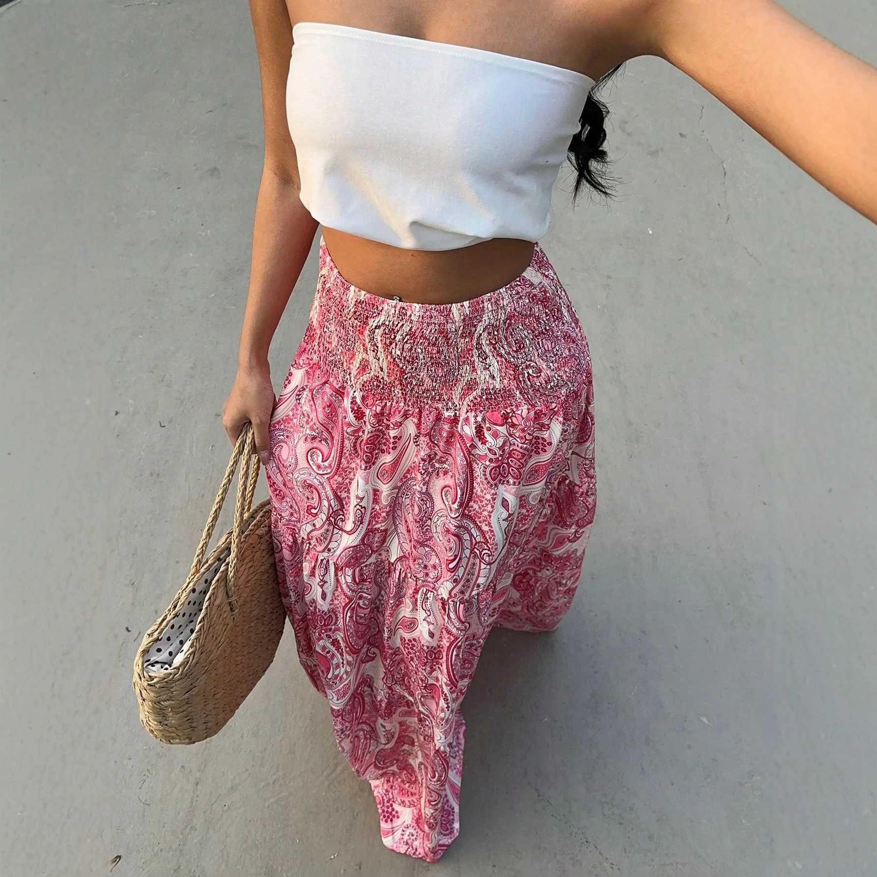 Bohemian Print A-line Skirt Women New Comfortable And Casual Beach Vacation Style Elastic Waist Skirts Lady Medium Length Skirt
