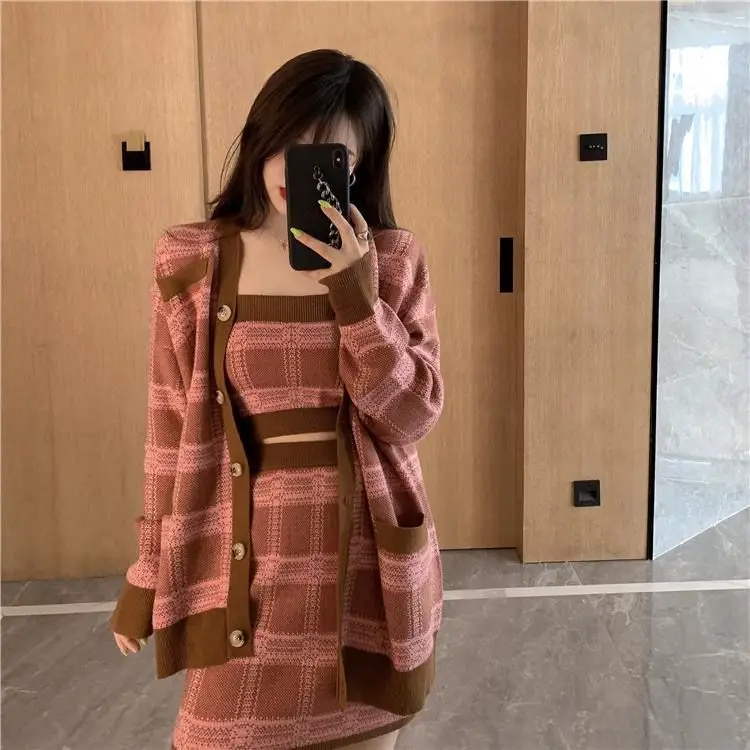 Knitted Sweater Jacket Suspender Plaid Hip-Covering Skirt Three-Piece Set Autumn Winter Temperament Royal Sister Suit