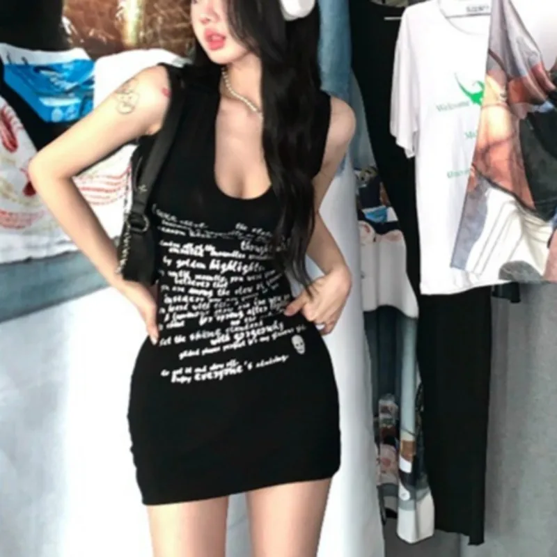 Sleeveless Dresses Women Bodycon Letter Printed Korean Fashion Mini Sundress Sexy Spicy Girls Streetwear Summer Low-cut Vestidos