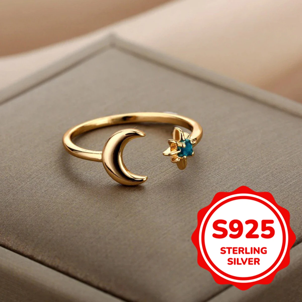 

S925 sterling silver authentic fashion star ring with adjustable opening moon sun retro light luxury elegant simple versatile