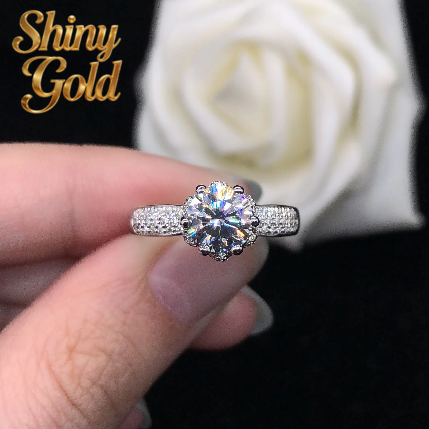 

Изысканное кольцо ShinyGold с муассанитом 1 карат (6,5 мм), цвет D, чистота VVS1, из белого золота 14K (AU585), обручальное/помолвочное, ювелирное украшение с бриллиантом