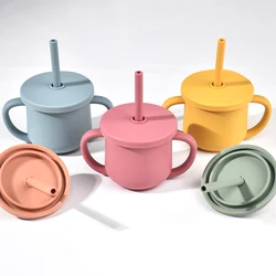 Baby Silicone Straw Cup BPA Free Portable Storage Snack Vessel Feeding Cup Double Handle Leakproof Learning Training Drink Cup