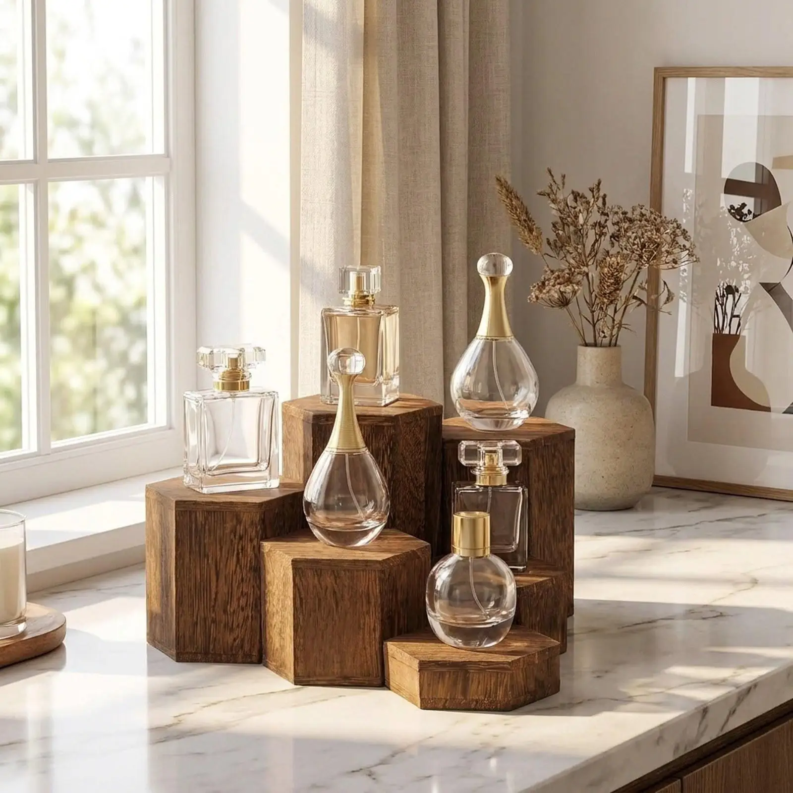 6 Pieces Hexagonal Display Blocks Wooden Hexagon Display Risers Step Plinths Hexagon Display Stand Set for Retail Desserts view 5
