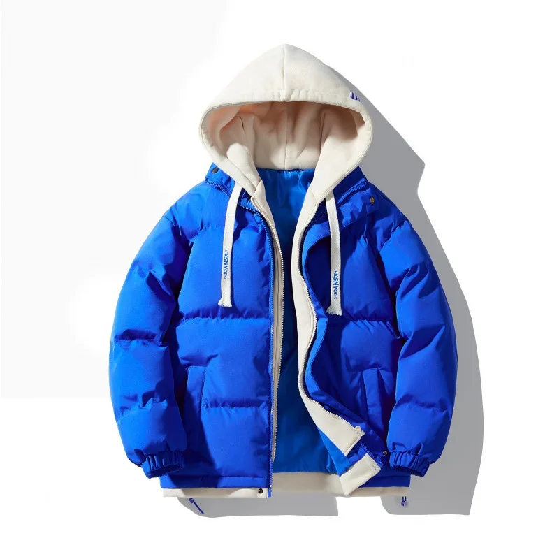 Hooded Cotton Jacket Color Blocking Fashion Casual Men's Women's Down Cotton Jacket New Winter New Loose Fake Two Jackets