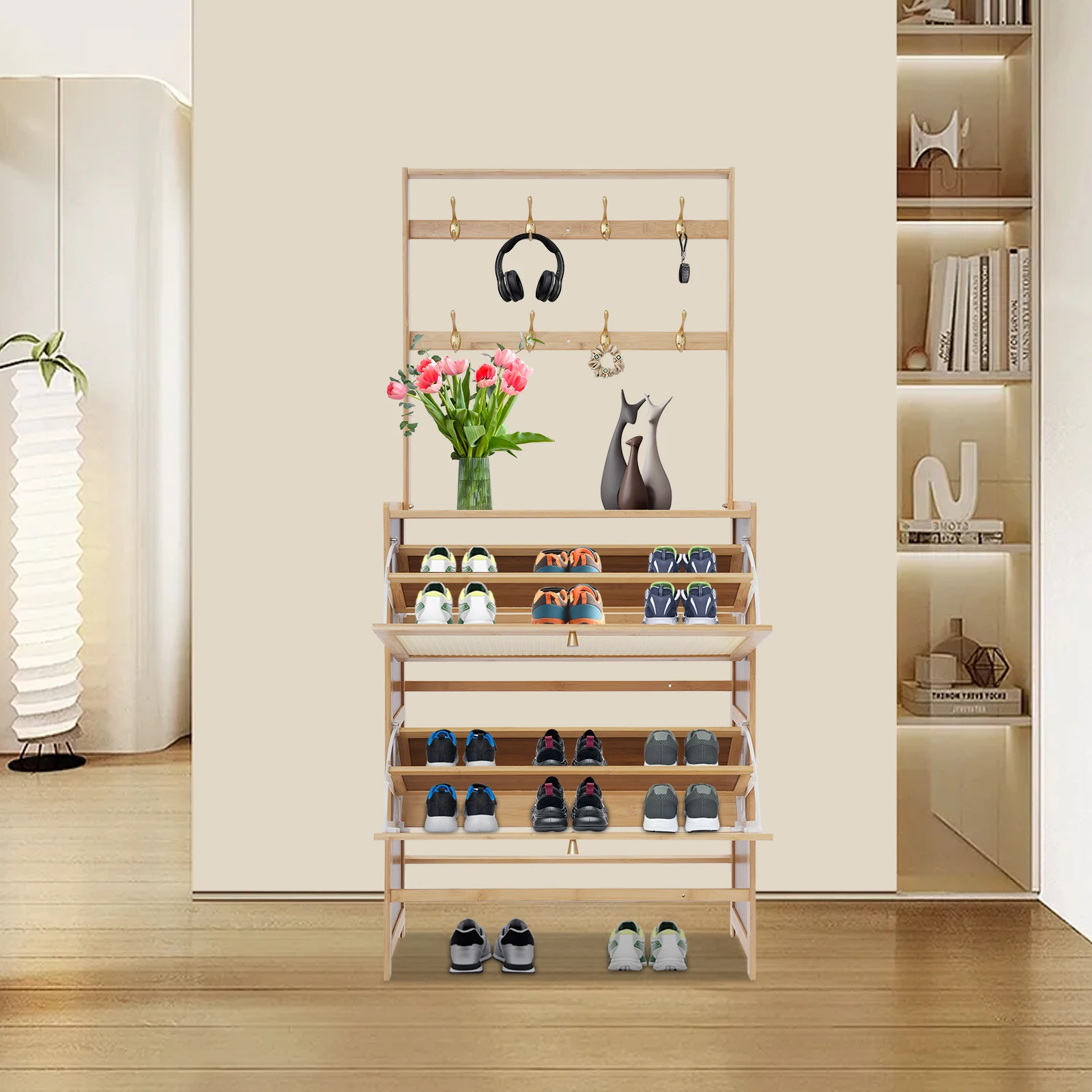 

70x24x152cm Wood Color 2-Tier 2-Door Flip Shoe Cabinet | Bamboo+MDF, Modern Free-Standing for Entryway Living Room