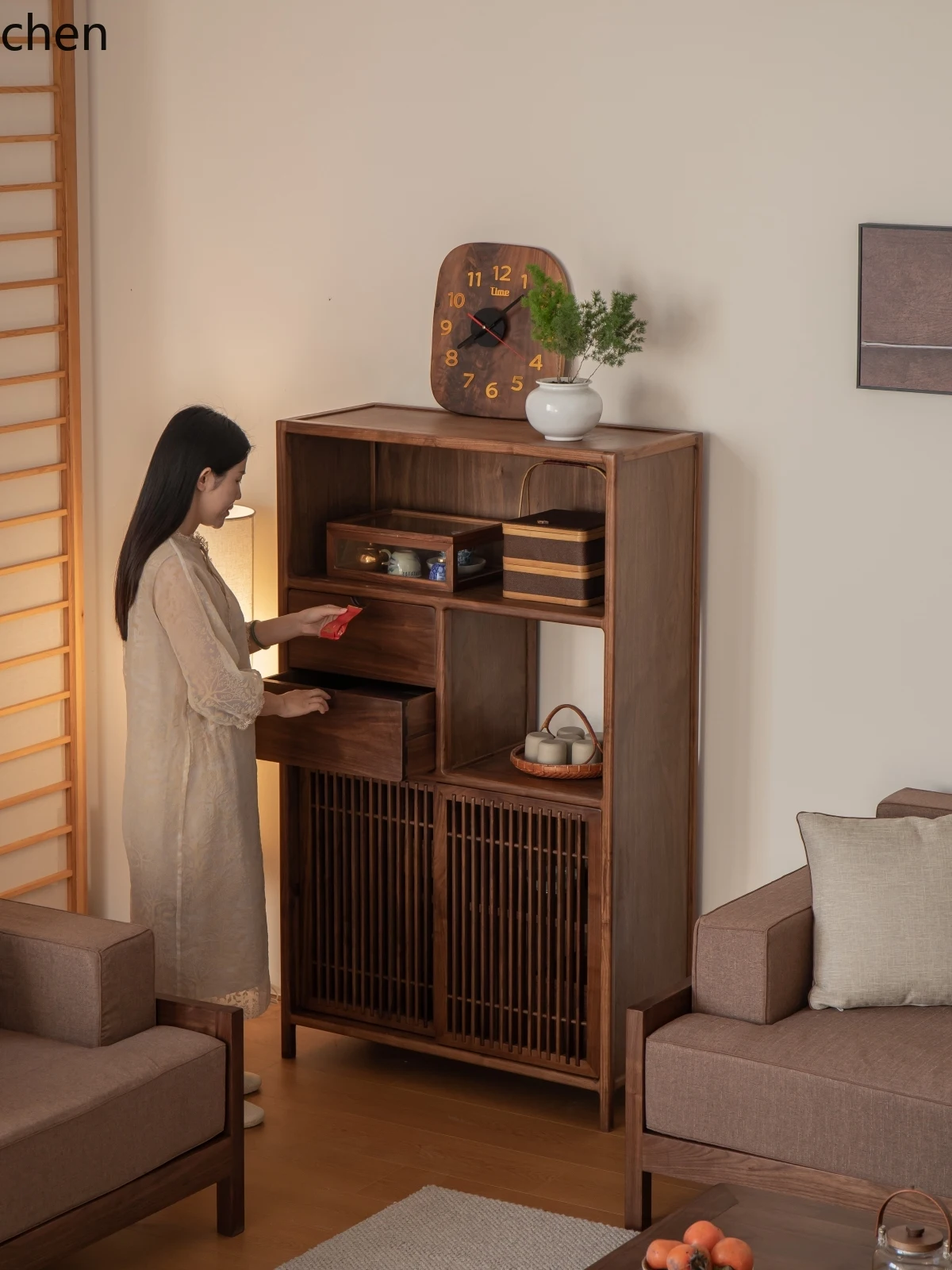 ZMLSolid wood tea set rack display cabinet Duobao Pavilion storage cabinet