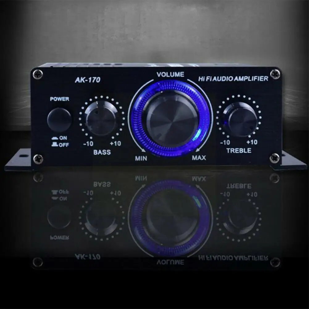 AK170 Mini Digital Power Audio Car Amplifier Blue Light Stereo Audio Amplifier for Home Theater Club Party Music 200W x2 C6E7