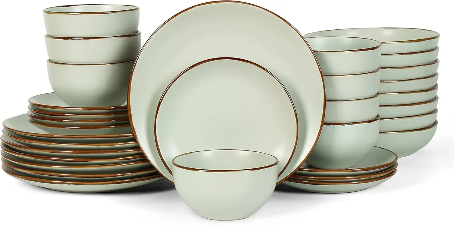 Modern Stoneware 32 Piece Dinnerware Sets, Plates and bowls Sets, Dish Set for 8, Light Green