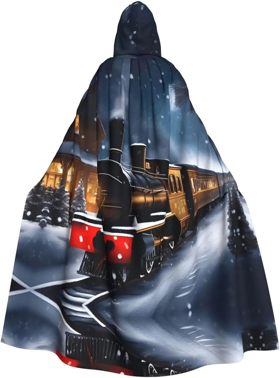 Winter Christmas Snow Night Railway Train print Adult Hooded Cape Carnival Festival Cape Cosplay Robe Costume party Gothic
