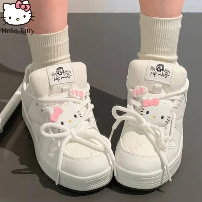 2024 New Sanrio Hello Kitty Lace-up Sneakers Small White Shoes Women's Summer New Cute Cartoon Breathable Thick Muffin Sole Shoe