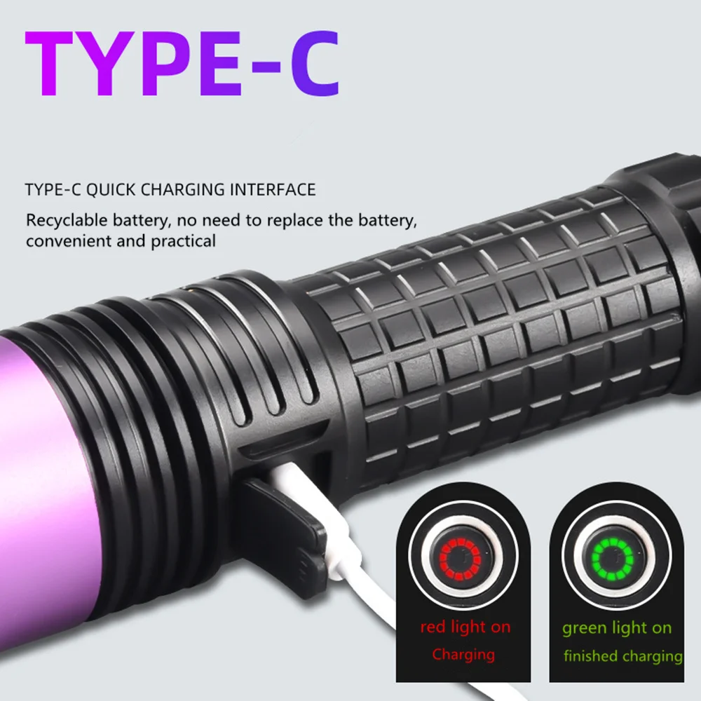 High Power 365NM UV LED Flashlight Black Mirror Purple Light Fluorescent Detection Torch USB Rechargeable Lantern 26650 Battery