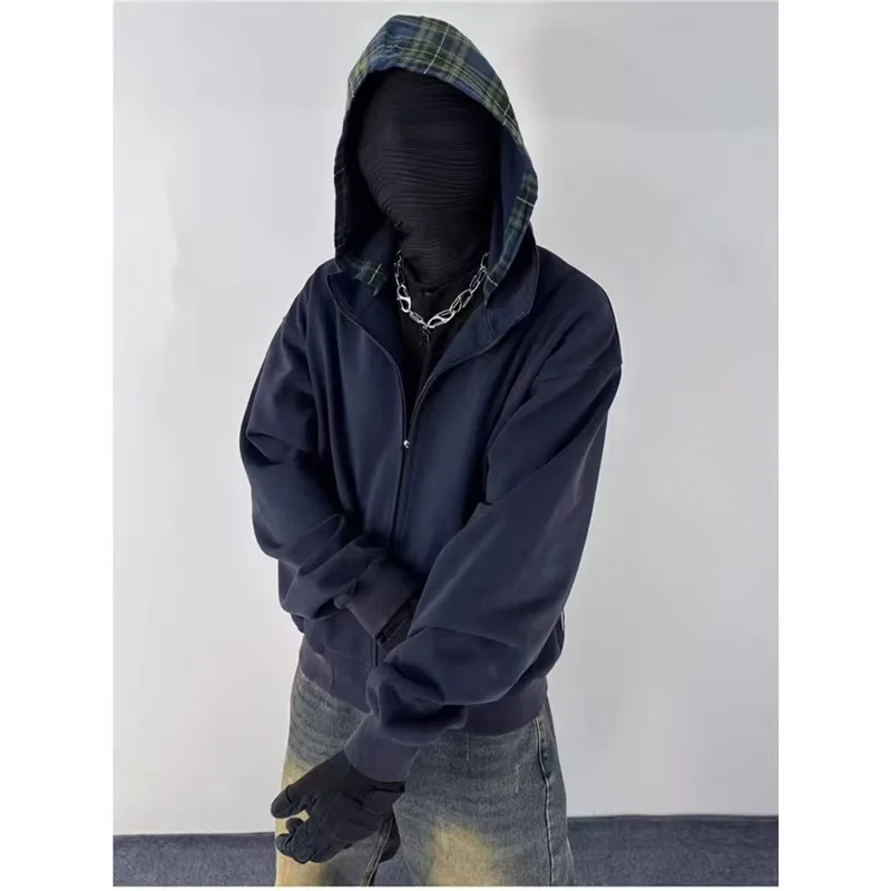 

American Washed Plaid Hooded Sweatshirt Unisex Short Wide Zipper Cardigan Vintage Jacket American Style Washed Plaid Hooded Sw