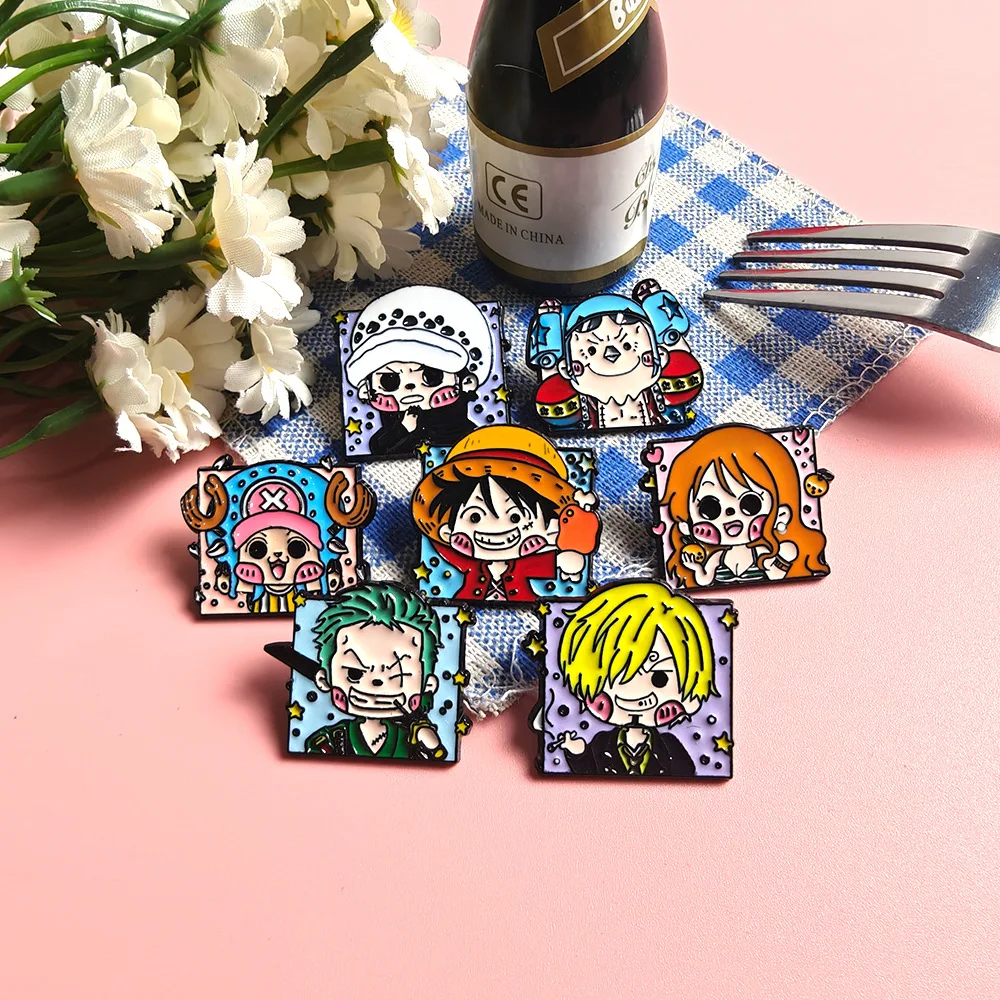 7Pcs One Piece Enamel Pins Set, Cute Q Version Luffy Zoro Nami Law Franky Chopper Brooches for Backpack Fans Gifts - view 3