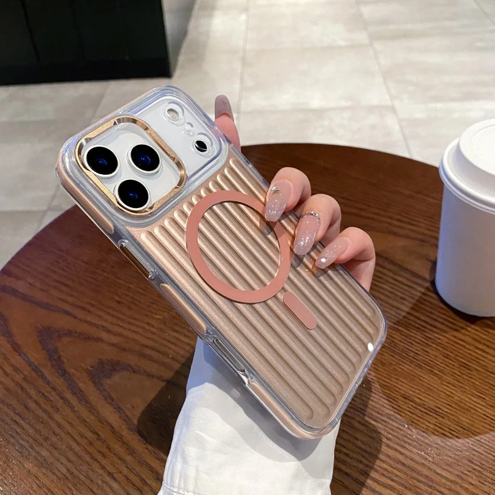 Mode 3D Koffer Gegolfd Streep Modern voor Magsafe Case voor IPhone 17 Air 16 15 14 Pro Max Magnetische Waterdichte Cover Fonds