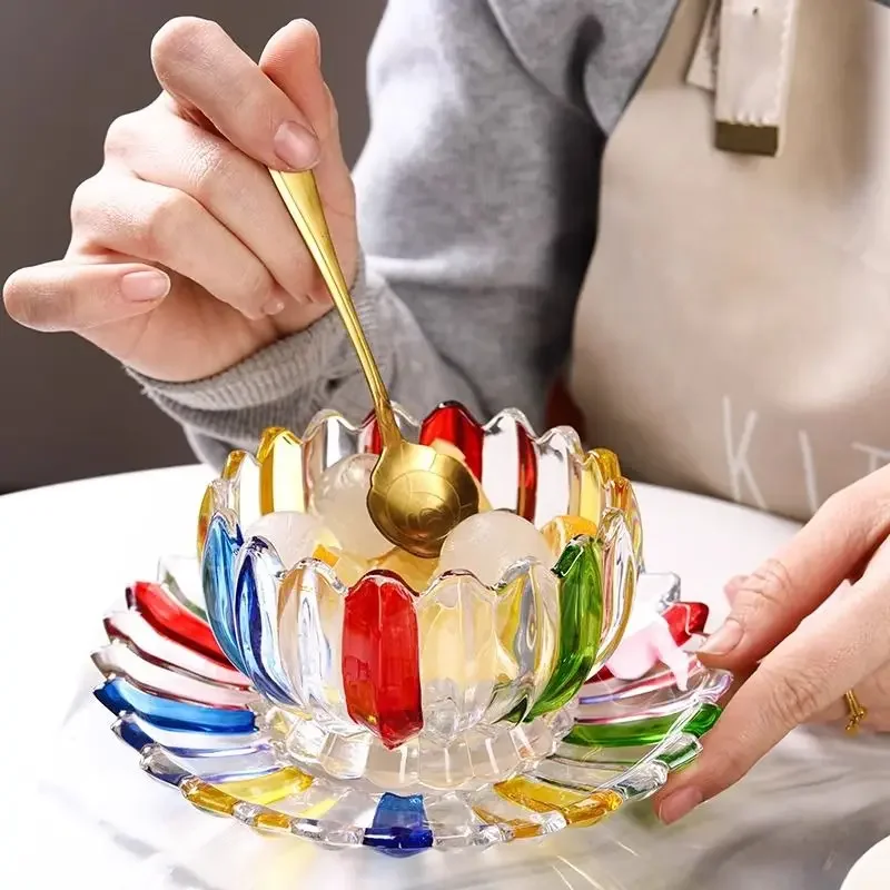 European Style Light Luxury Dish with Petals Hand-painted Colorful Ice Cream Dessert Bowl Glass Cup Milk Oat Breakfast Dish Set