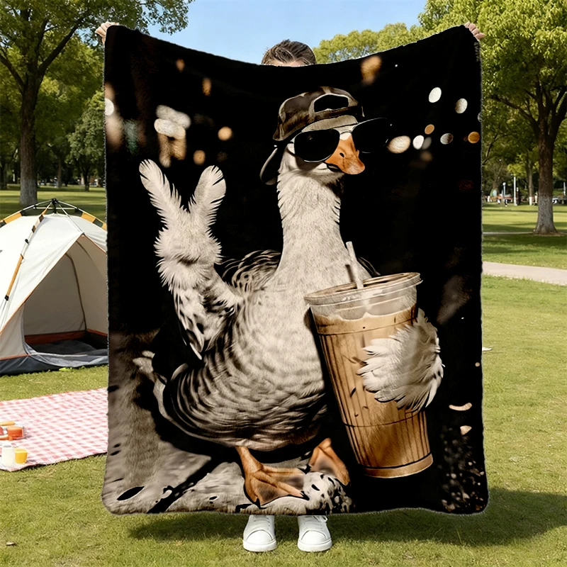 Funny Duck Coffee Comfy Blanket, Cool Duck Drinking Iced Latte Flannel Blanket, Humorous Animal Graphic Flannel Throw, C