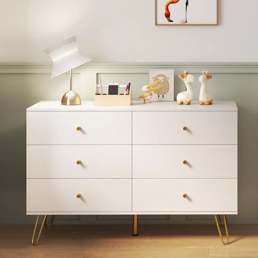 

White Dresser for Bedroom with 6 Drawer, Wood Dressers & chests of Drawers with Gold Knobs, Modern Storage Drawers for Entryway,