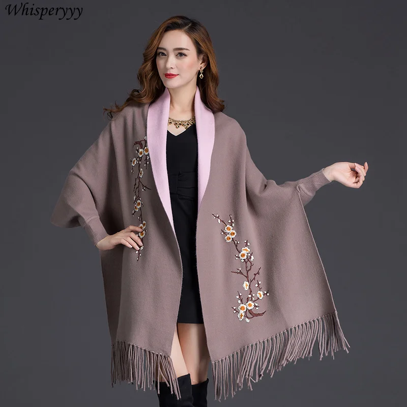 Autumn Winter Cape Cardigan Women Sweater Wear Shawl Scarf Dual-use Embroidery Lady Poncho Coat Loose Thick Knitted Cloak Jacket