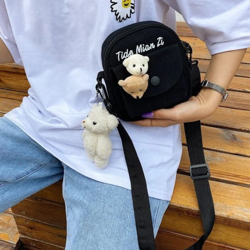 Bags For Women Fashion Mini Shoulder Messenger Bags Female Simple Street Crossbody Canvas Bag Cute Bear Student Small Bucket Bag