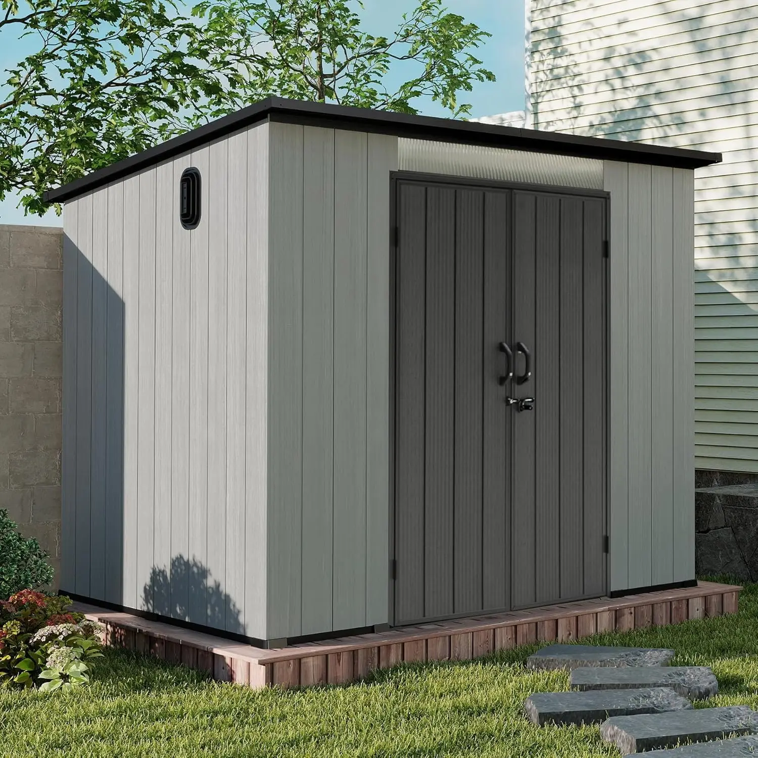 

6x9FT Resin Outdoor Storage Shed Sloping Roof Waterproof Windows Vents Heavy-Duty Plastic Tool Patio Lawn Bike, Customized
