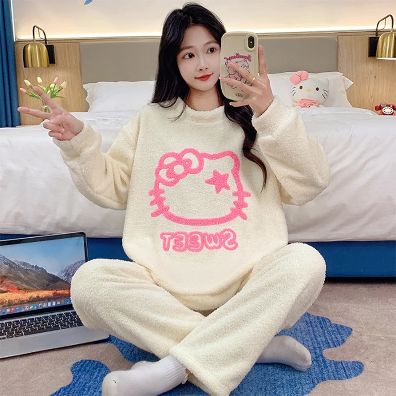 

Hello Kitty Pajamas Women Sanrio Kawaii Anime Winter Long Sleeve Top Pants Sweet Cute Cartoon Home Clothes Set Tide Gift for Kid