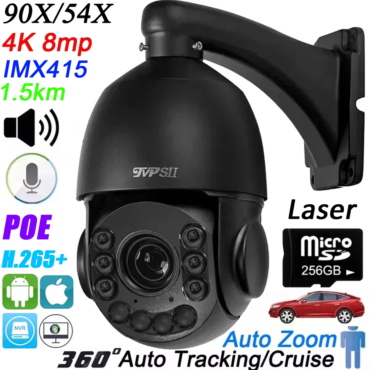 

Metal Black Auto Tracking Human Vehicle 8MP 4K H.265+ 90X Zoom 360° Audio Outdoor ONVIF POE PTZ Speed Dome Surveillance Camera