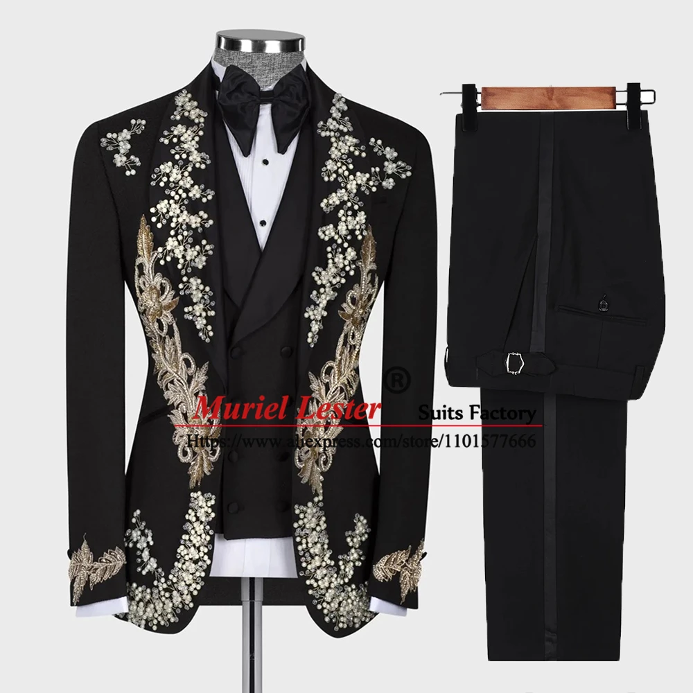 

Luxury Groom Men Suits Slim Fit Beading Appliques Wedding Tuxedo Tailored Made 3 Pieces Formal Male Prom Dress Fashion Clothing