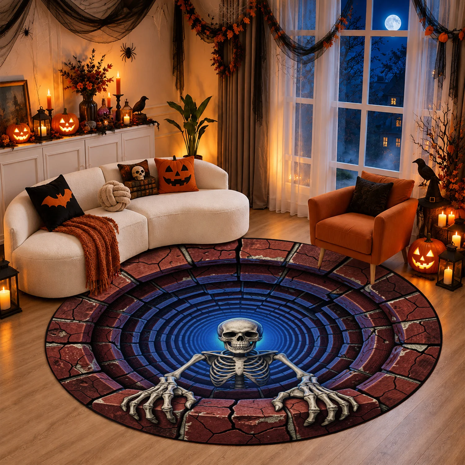 Skeleton Brick Tunnel Circular Design Velvet Round Decorative Mat Machine Washable for Living Room Entryway Foyer Porch Suitable for Halloween Thanksgiving Black Friday Christmas New Year
