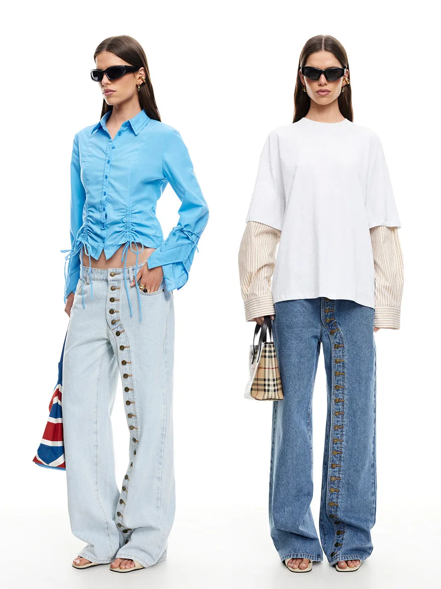 

Low Waist Button up Denim Pants Women's Straight Leg Jeans Casual Autumn Faion Ladies' Premium Quali Blue Jeans