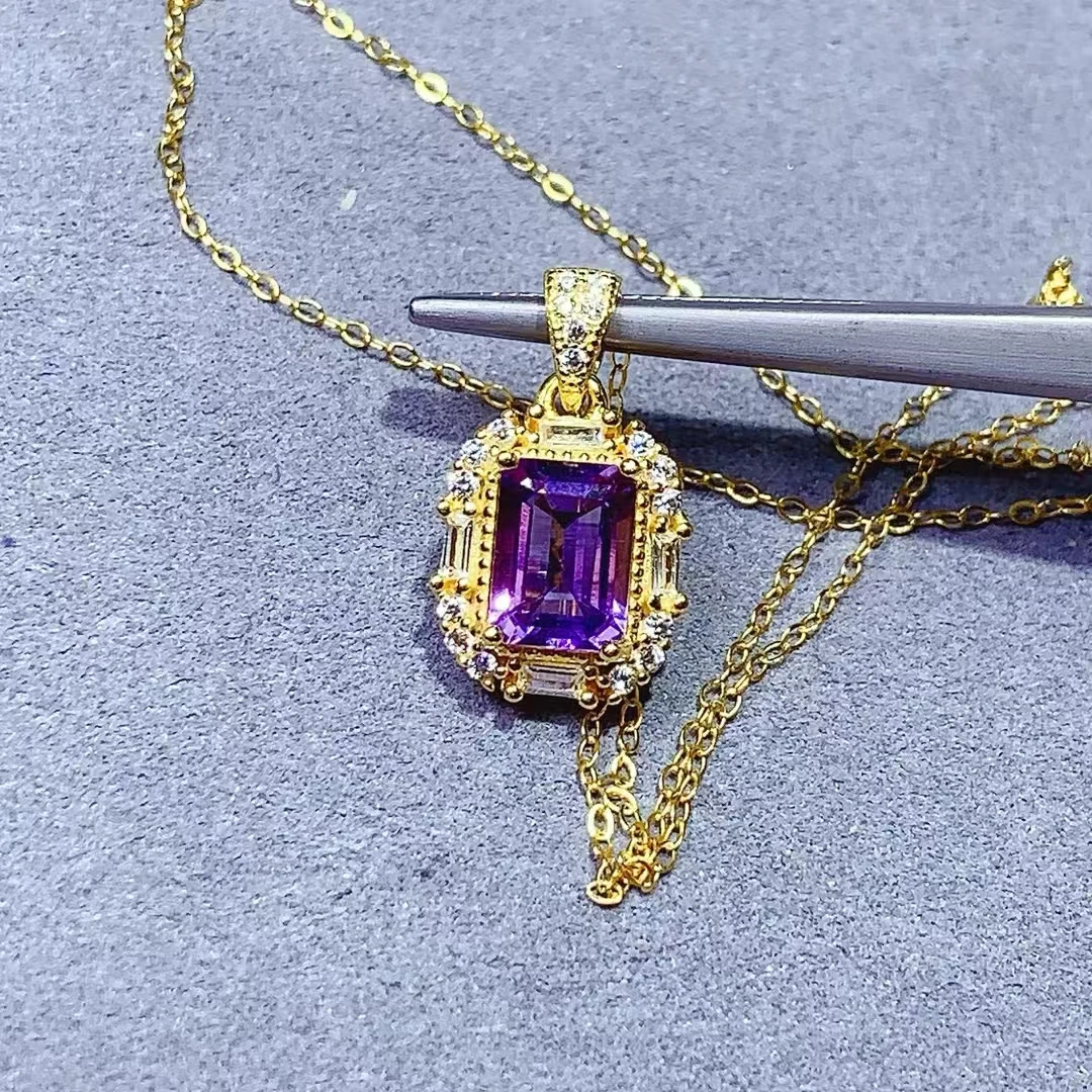 

KJJEAXCMY High quality Simple Natural Amethyst Pendant S925 Silver Inlaid Elegant Simple Palace High-End Design Women's Jewelry