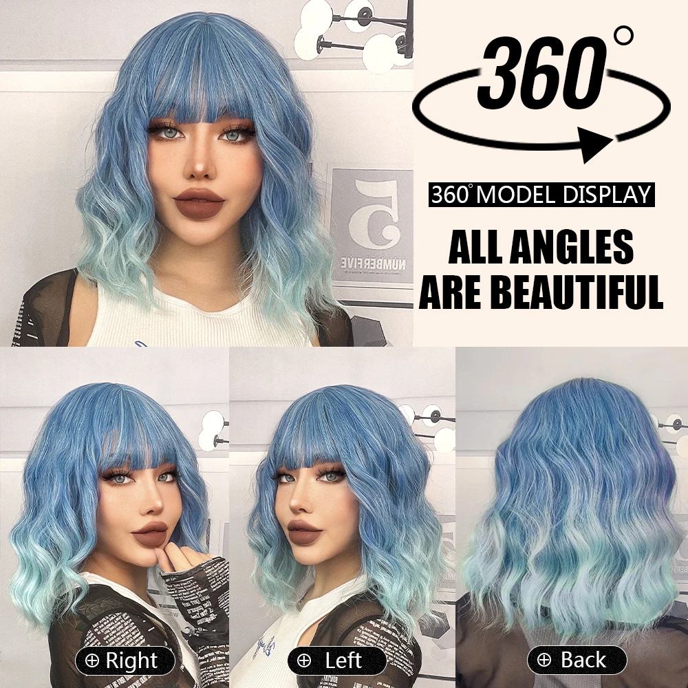 Cynthia Blue Ombre Short Bob Synthetic Wigs For Women With Bangs Body Wave Cosplay Lolita Wig White Natural Heat Resistant Hair