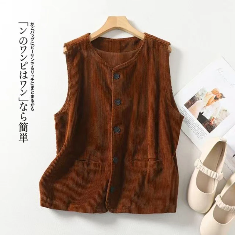 Spring Autumn Women Corduroy Vest Coat Vintage Khaki Black Purple Brown Sleeveless Jacket Cardigan Elegant Cotton Waistcoat Top