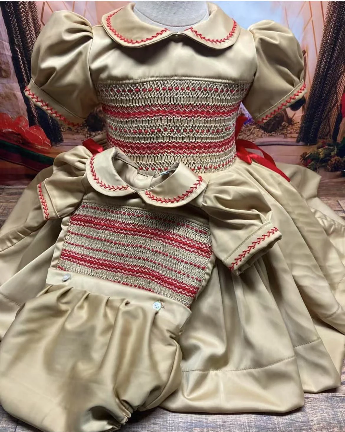 0-12Y Baby Girl Summer Handmade Embroidery Smocked Gold Dress Boy Suit for Birthday Photography Holiday Eid Casual A196