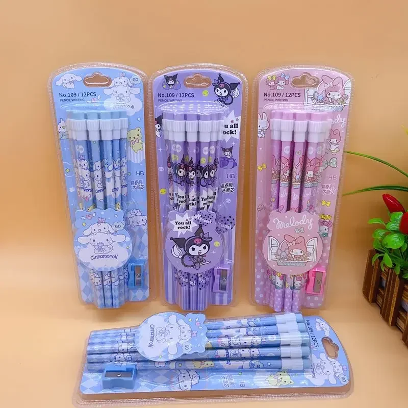 Sanrio HB Pencils 12 Pencils & 1 Pencil Roller Stationery Box Set Student Writing Drawing Kuromi HB Pencils Sketch Pens