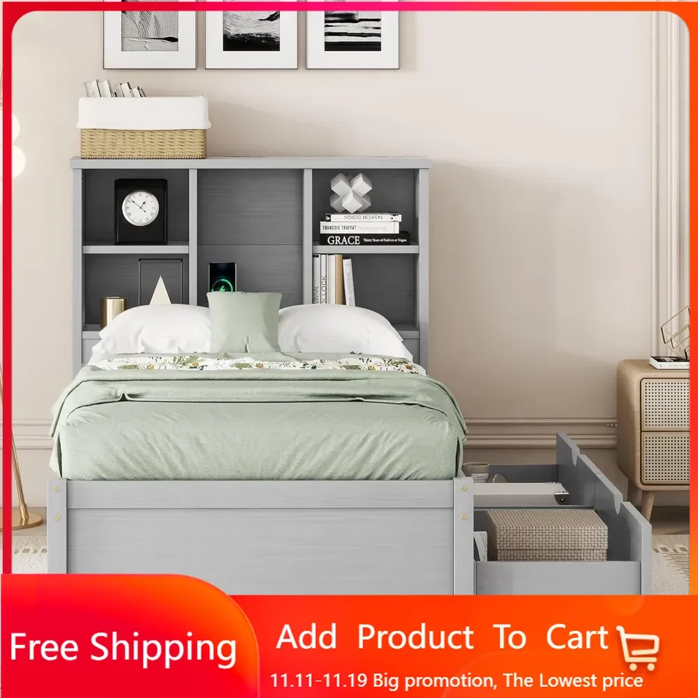 

Twin Size Platform Bed with USB Port and 2 Drawers, Platform Bed with Storage Bookcase Headboard, Wood Bed Frame