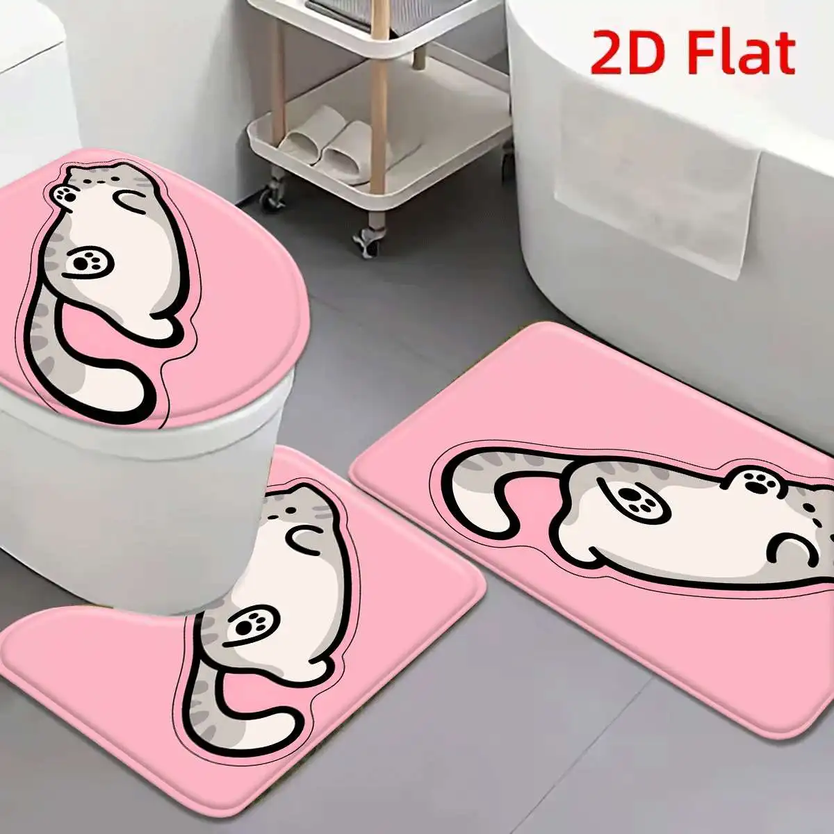 3Pcs Pink Chubby Cat Bath Mat Non Slip Absorbent Toilet Rug with Lid Cover for Bathroom Washable Flannel Soft Base
