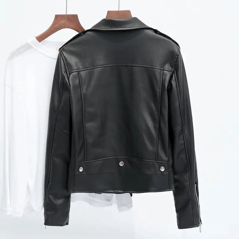 Fashionable Zipper Flip-Collar Pure Color Women's Leather Jacket Coat Stylish Outerwear Commute Style Synthetic Leather Long ...