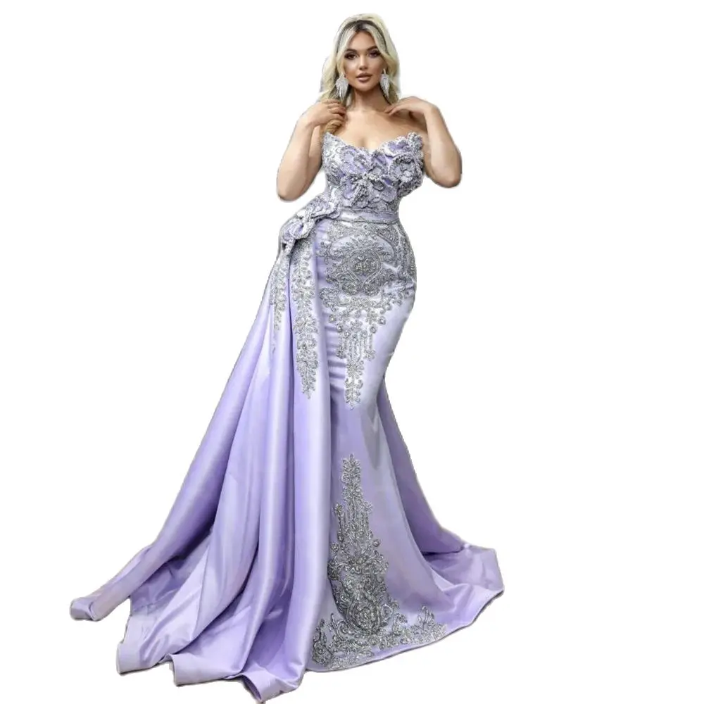 Customized Classic Lavender Evening Dresses Mermaid Prom Gowns Removable Train Strapless Wedding Party Dresses 2024 Appliqued