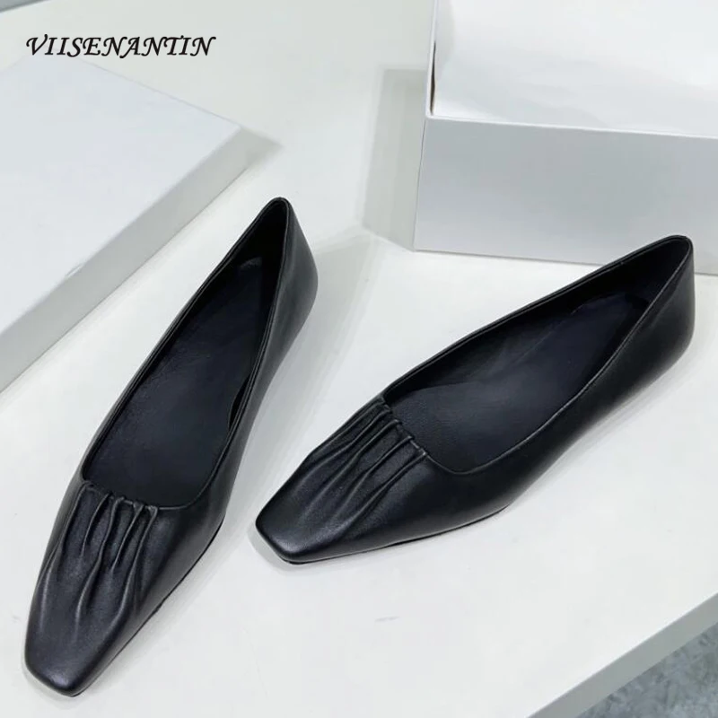 

Comfortable Soft Sheepskin Flats Women Pleated Design Shallow Mouth Loafers Shoes Small Square Toe Mules Shoes Autumn Spring New