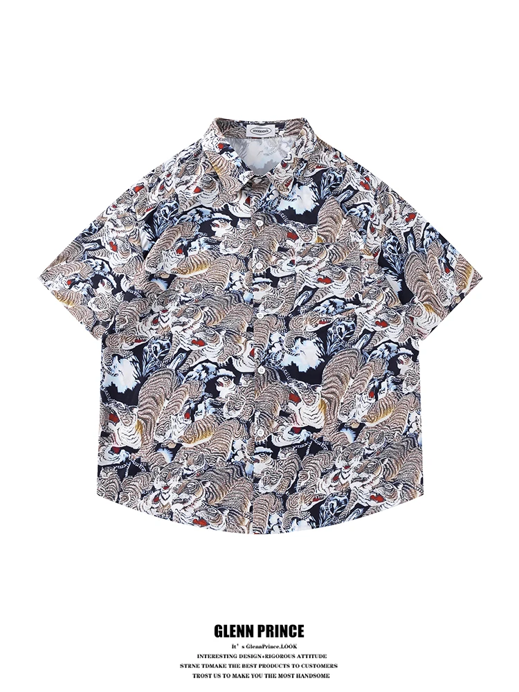 

Loose Short Sleeve Men's Shirt Summer Casual Style Tiger Print Vacation Theme GPstudio Trendy Brand Polyester Fabric Shirt