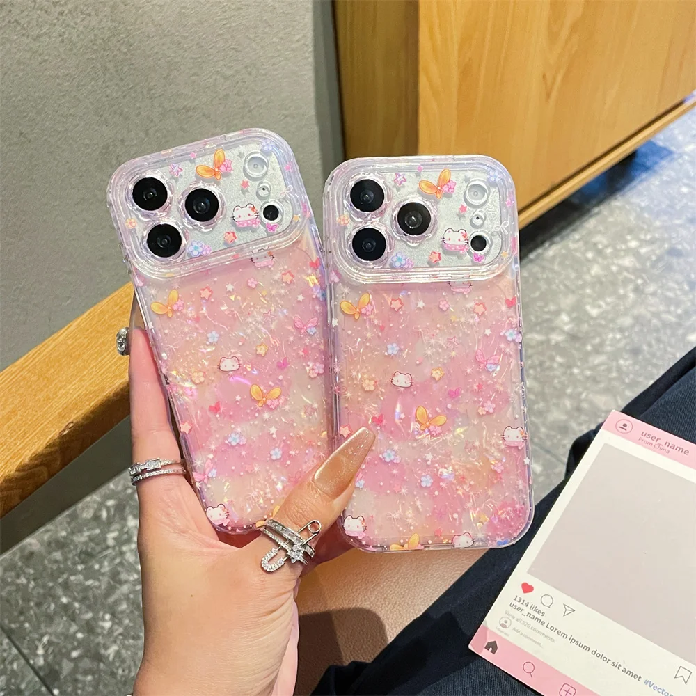 

Luxury Cute Glossy Pink Kitten Butterfly Phone Case for iPhone 17 Pro Max Glitter Diamond Edge Cover for iPhone 16 15 14 13