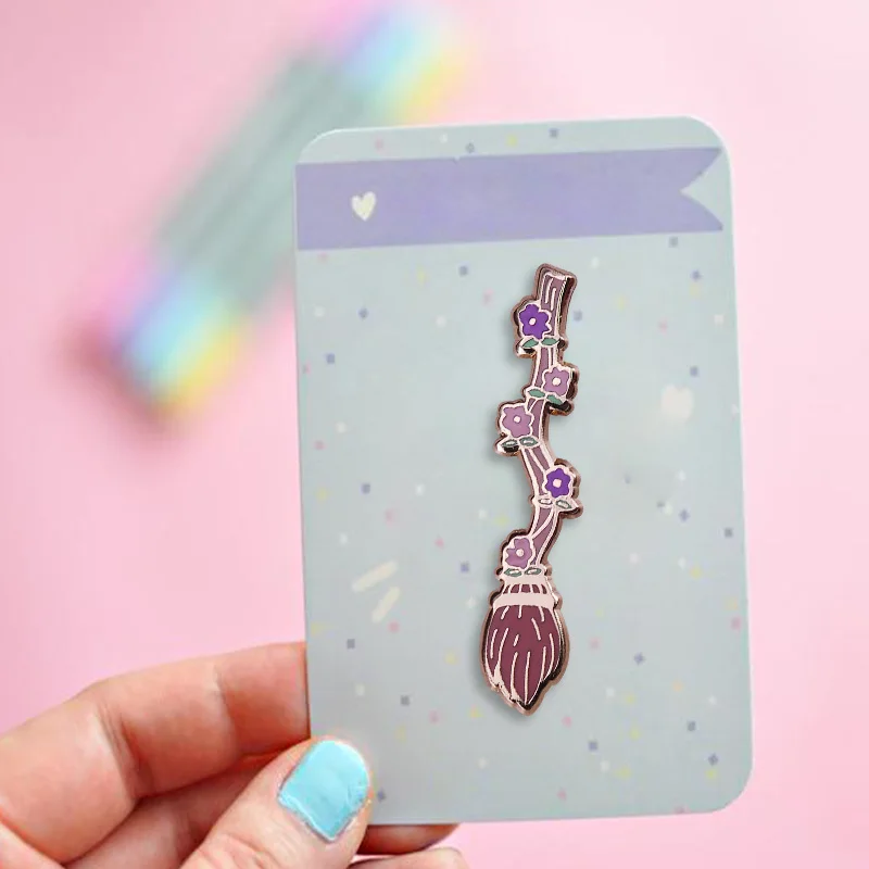 Magic Flowers Broom Enamel Pin Witch Magical Tool Brooch Halloween Great Addition Witch's Broom Nebula Art Badge Pink