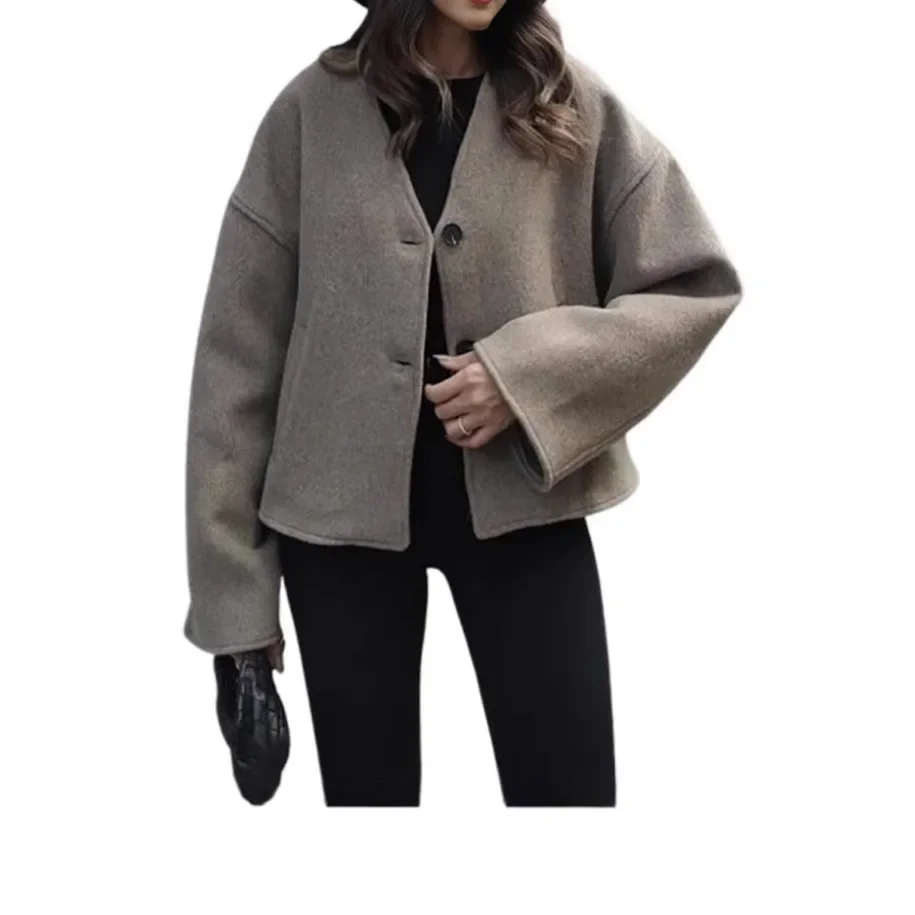 Chic Einreiher V-ausschnitt Übergroßen Jacken frauen Fashion Solid Langarm Warme Woolen Mäntel 2024 Dame Casual Streetwear