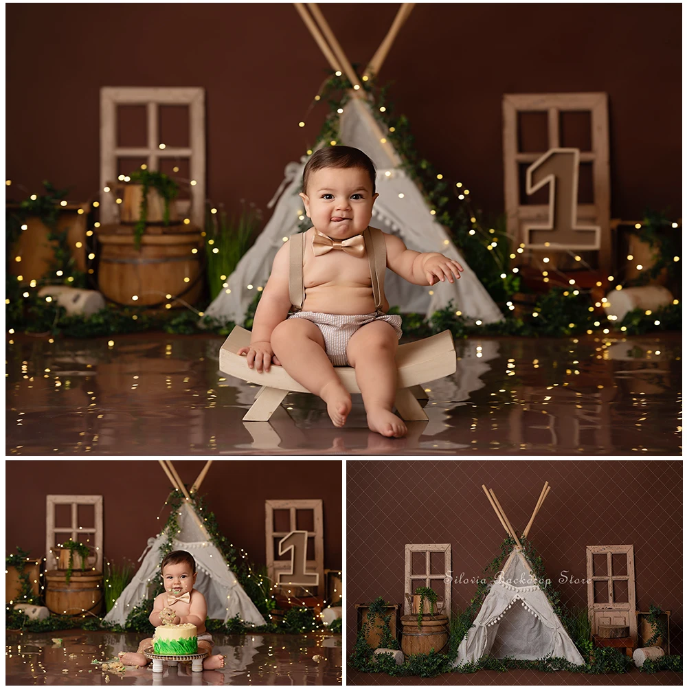 

Teepee Mocha Fun Photo Background Boho Tent Green Grass Photography Backdrop Children Birthday Cake Smash Photo Studio Props