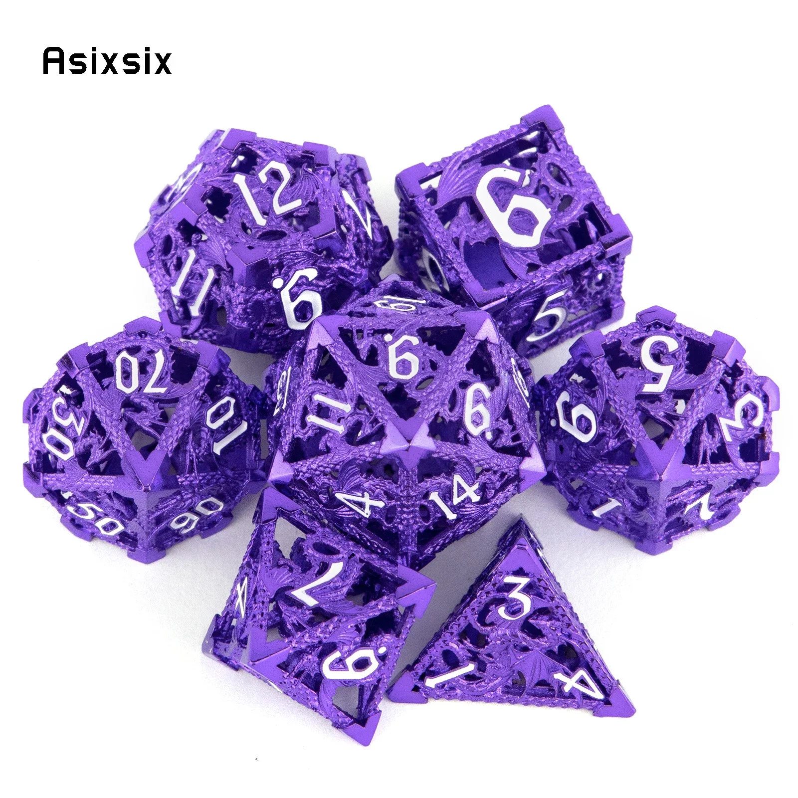 

7 Pcs Purple Flying Dragon Metal Dice Hollow Metal Polyhedral Dice Set Suitable for Role-Playing RPG Board Game Gift