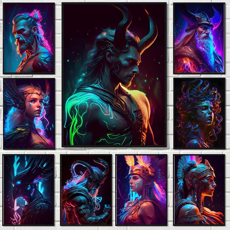 Neon Nordic Mythical Gods Portrait Poster Print Greek Mythical Figure Wall Art Modern Loki Odin Zeus Canvas Painting Home Decor