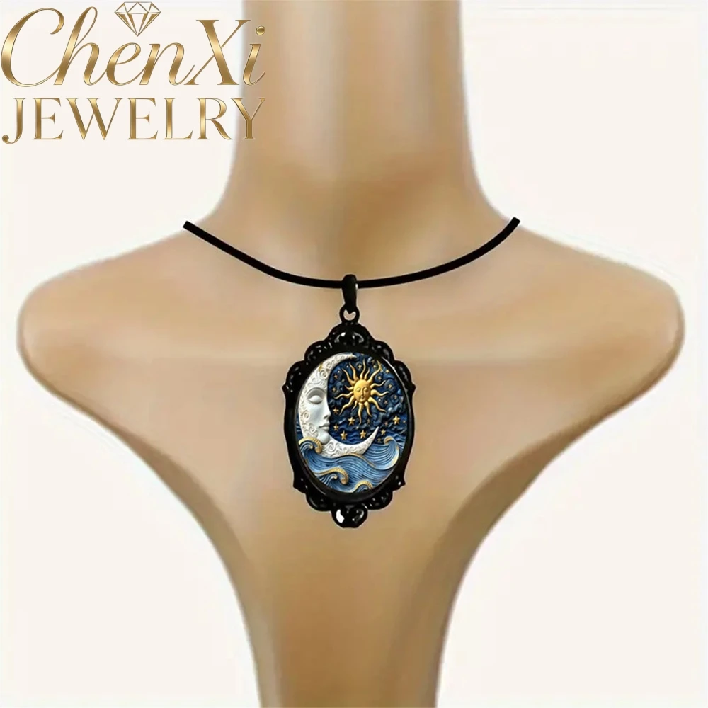 Gothic Revival Necklace With Sun Moon Pattern Stars Planets Glass Pendant Popular Best Selling Simple Fashion Jewelry Gift