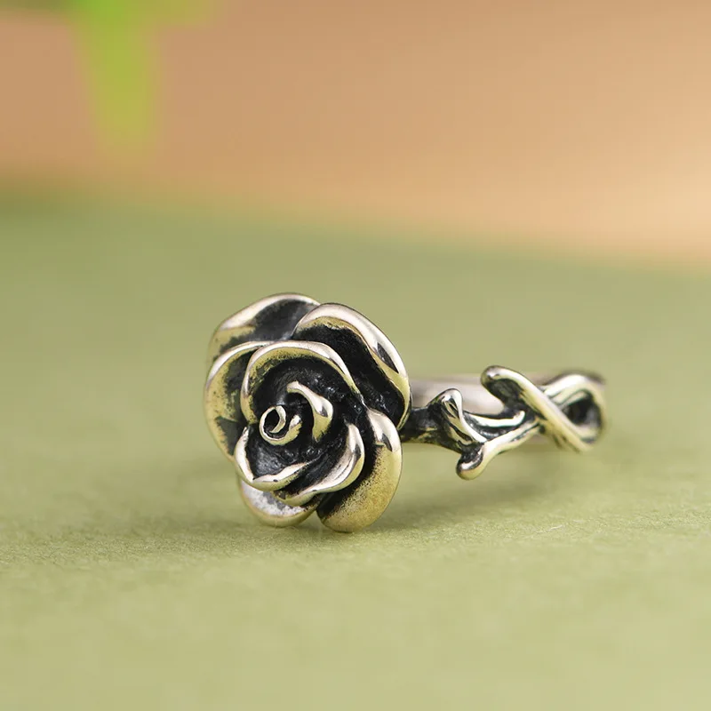 

BOCAI Real S925 Silver Jewelry Retro Classical Flowers Adjustable Camellia Ring for Women Fashion Gifts
