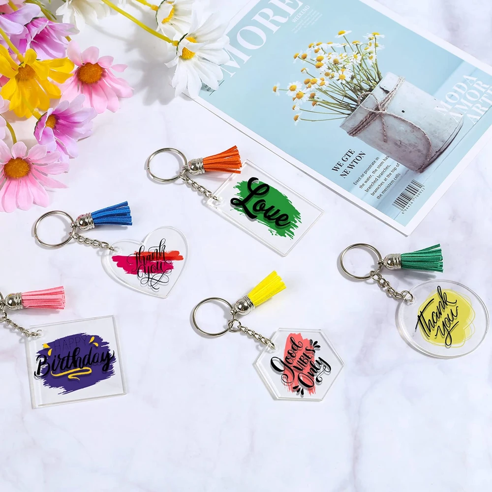 40Pcs Acrylic Keychain Bulk with 5 Shapes Clear Acrylic Blanks Leather Tassel Charms Key Chains Jump Ring for DIY